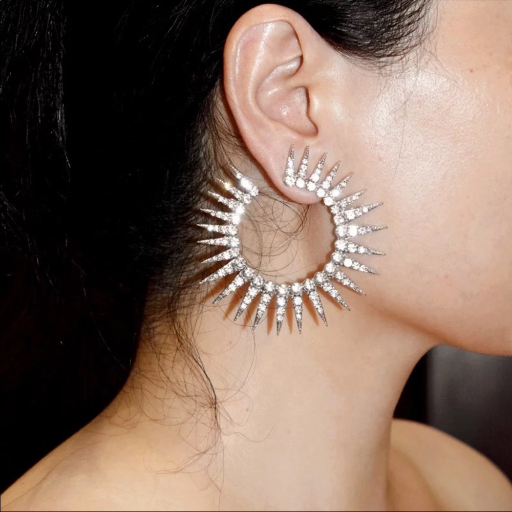 *NEW*Vintage Sun Shape Diamond Hoop Earrings - Picture 1 of 5